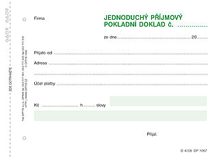 Příjmový doklad A6 jednoduchý 100listů,nepropisovací, OPTYS 1067