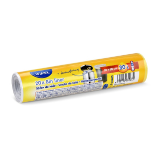 Pytle na odpadky, 30 l, zatahovací, 20 ks v roli, bílé/žlutý pásek, HDPE