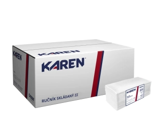 Papírové ručníky ZZ, 2vr., 25x23cm, bílé, 100% celulóza, 3000 ks v kartonu (20bal.x150ks), KAREN 90095