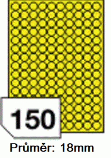 Etikety, kruhové, žluté, průměr 18mm, 1 arch A4 = 150 etiket