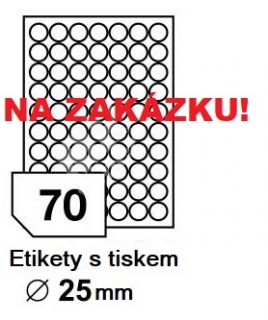 Etiketa, kruhová, bílé s tiskem (7FC...), průměr 25mm, bal./100 archů A4 (7000eti./bal.) NA ZAKÁZKU