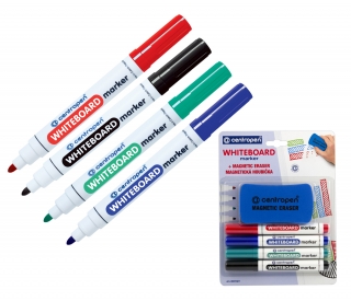 Značkovač 8559 stíratelný sada 4 barev + houbička, na bílé tabule stopa 2,5mm válcový hrot, CENTROPEN