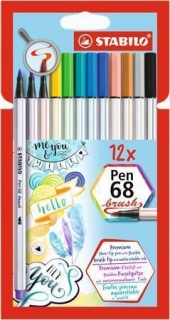 Štětcové fixy "Pen 68 brush", sada 12 barev, kovová krabička, STABILO