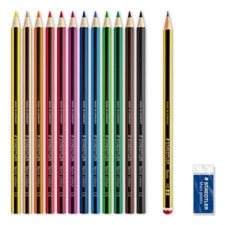 Barevné pastelky "Noris Club" sada+grafitová tužka a pryž, 12 různých barev, šestihranné, STAEDTLER