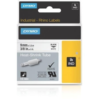 Páska, plochá smršťovací bužírka, 9 mm x 1,5 m, DYMO "Rhino", bílá-černá