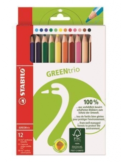 Pastelky "Green Trio", 12 různých barev, sada, trojúhelníkový tvar, silné, STABILO