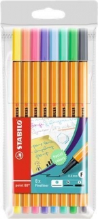 Linery "Point 88", sada, 8 různých pastelových barev, 0,4 mm, STABILO