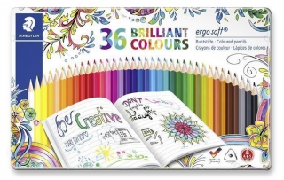 Barevné pastelky "Ergo Soft", 36 barev, trojúhelníkový tvar, kovový box, STAEDTLER